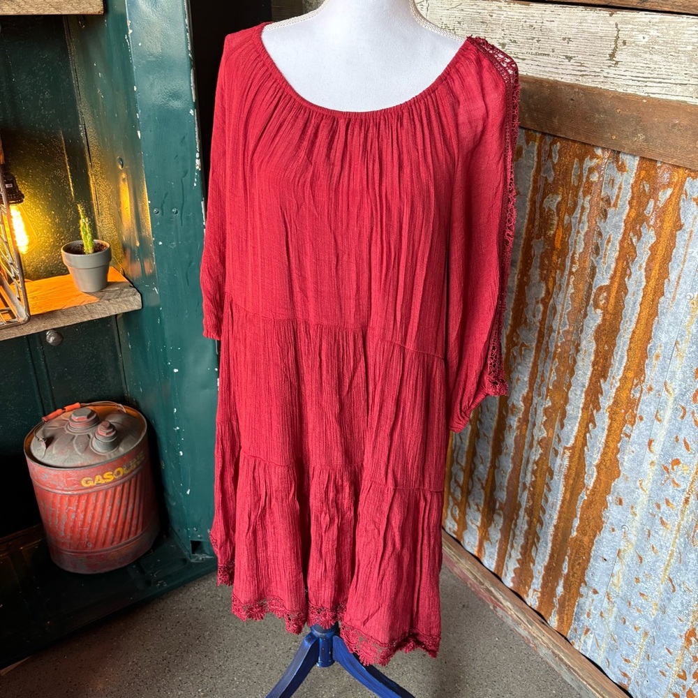 Burgundy Women's Dress with Lace Details